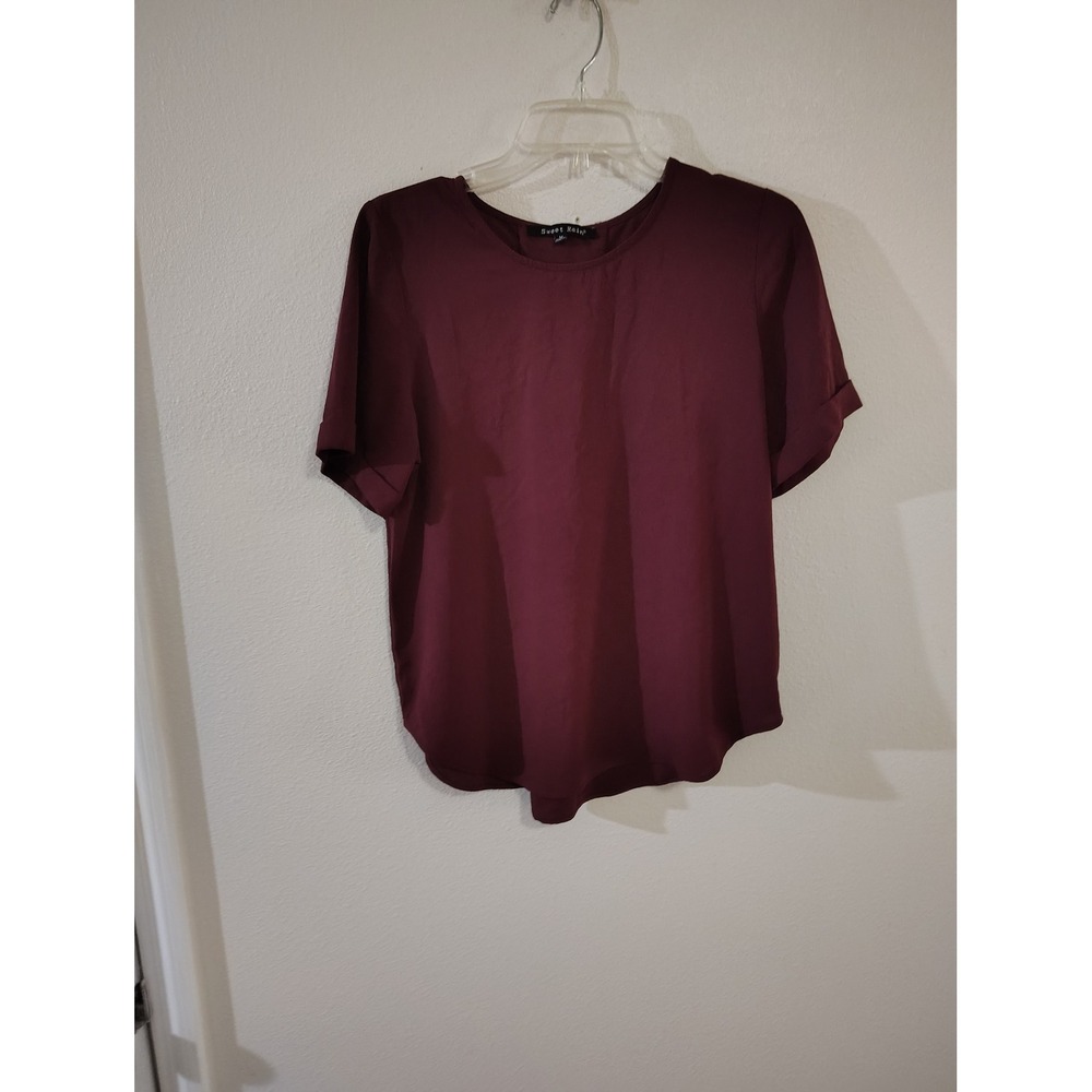 Sweet Rain Burgundy Lace Up Back Short Sleeve Blouse Top Wine Medium